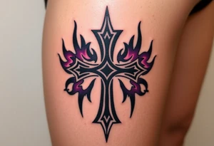 A black inverted cross engulfed in dark purple flames, tattoo idea