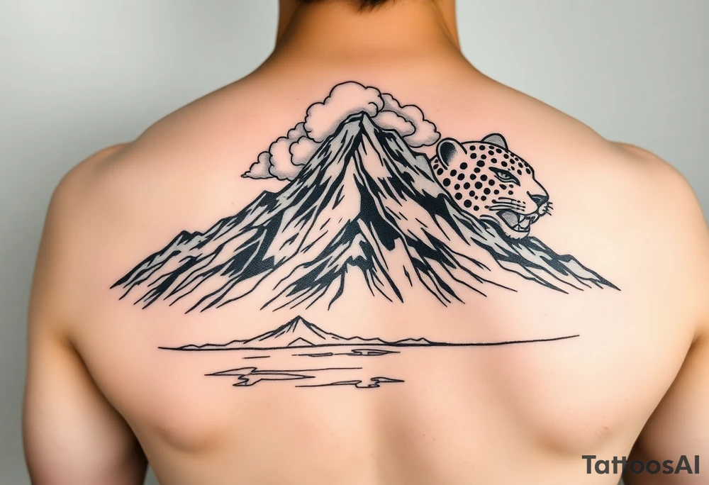 Primary focus is a mountain. At the crown of the mountain is a swath of puffy cumulus clouds. On the right side of the clouds, they form a very subtle jaguar face. At the base of the mountain is a reflective salt flats. Use Peruvian accents in the design tattoo idea
