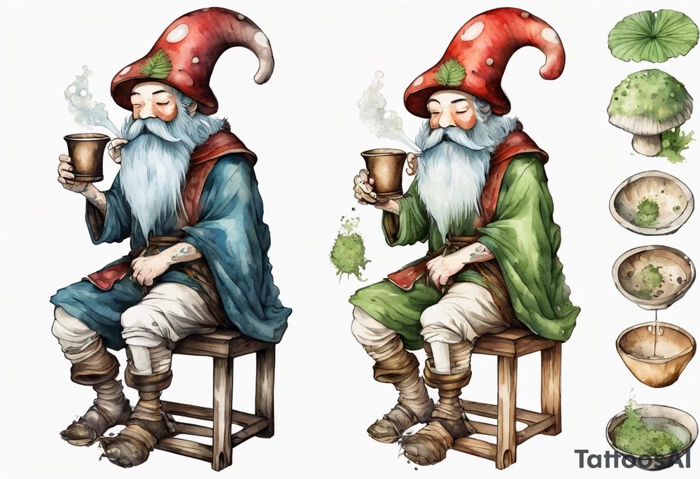a mushroom with a mossy beard wearing medieval clothes sitting on a stool drinking from a wood cup tattoo idea