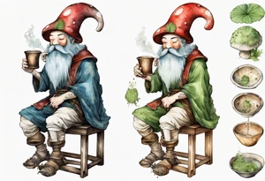 a mushroom with a mossy beard wearing medieval clothes sitting on a stool drinking from a wood cup tattoo idea