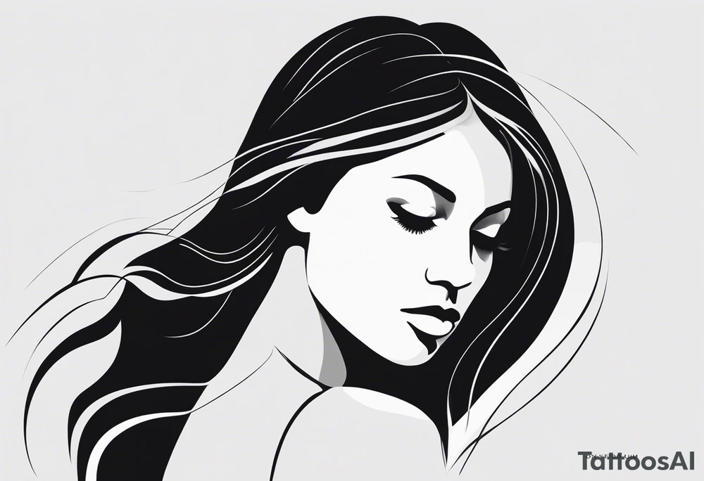 ilustração minimalista, predominantemente em preto e branco, em arte digital estilo traços, como o esboço de um desenho. A ilustração deve representar Oxum Opará, tendo uma figura feminina no centro, desenhada com linhas fluidas e graciosas, vestindo um longo manto ou vestido que flui elegantemente. A mulher está de perfil e parece dançar ou mover-se ritmicamente, sugerindo leveza e movimento. Sua cabeça é adornada com uma coroa, tendo contas presas na coroa que cobrem seu rosto. Seu cabelo está preso em uma trança. Na mão esquerda carrega um Abebé, que é espelho. Na mão direita carrega uma adaga, uma pequena espada, mostrando que se trata de Oxum Opará, uma mistura de Oxum e Iansã. tattoo idea