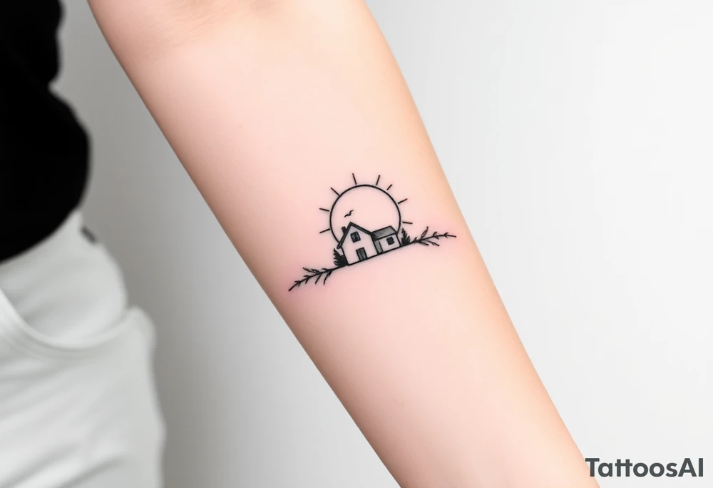 Corwded house distant sun tattoo idea