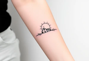 Corwded house distant sun tattoo idea