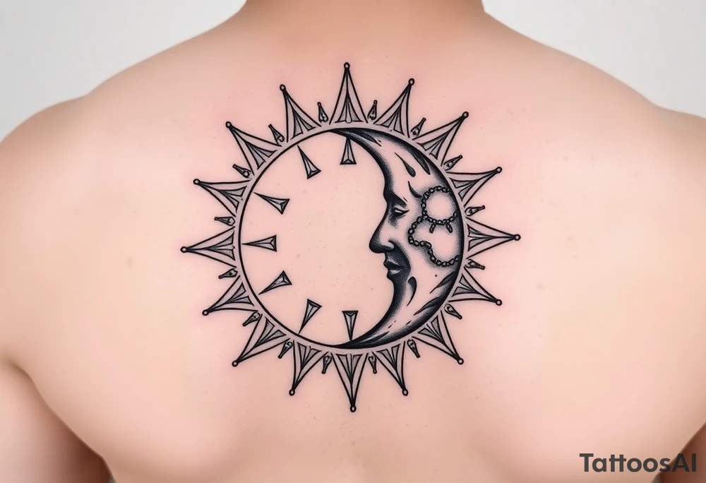 celestial sun and moon embrace with constellation patterns tattoo idea