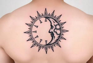 celestial sun and moon embrace with constellation patterns tattoo idea
