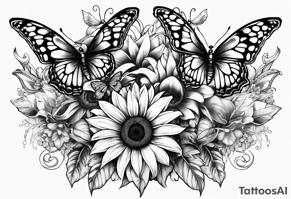 Arm sleeve with Winged cross with sunflower and butterflies tattoo idea