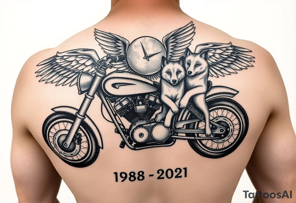 the year 1958 - 2021 with a motorcycle on it with guardian angel wolves tattoo idea