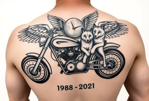 the year 1958 - 2021 with a motorcycle on it with guardian angel wolves tattoo idea