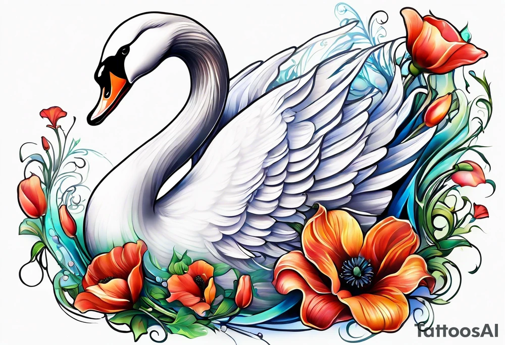 Colorful swan tattoo with poppies, Lily of the valley, sweet pea flower, honeysuckle tattoo idea