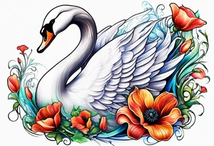 Colorful swan tattoo with poppies, Lily of the valley, sweet pea flower, honeysuckle tattoo idea
