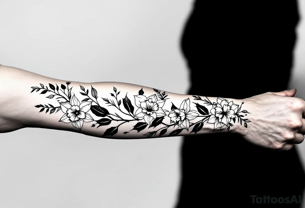 starting from a band mid-forearm, a sleeve of holly flowers and daffodils tattoo idea
