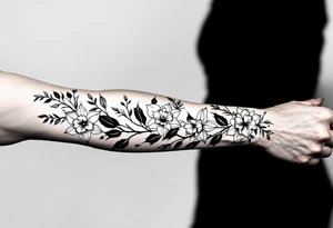 starting from a band mid-forearm, a sleeve of holly flowers and daffodils tattoo idea