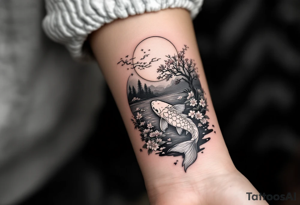 a lightning koi fish swimming upstream in a pond moonlight by the full moon with a sakura tree by the pond tattoo idea