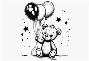 Scruffy teddy bear holding on to balloons and wearing a T-shirt going up to the sky tattoo idea