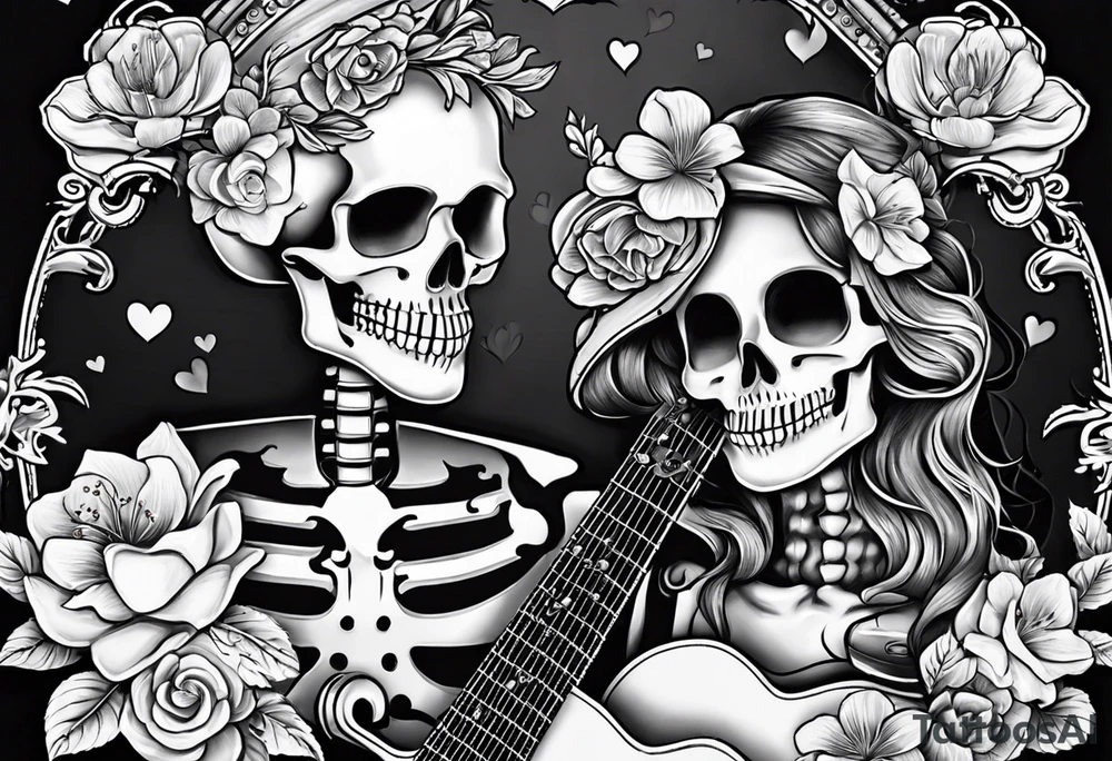 a female and male skeleton in love. The female has hibisucs flowers and the male is playing the guitar tattoo idea