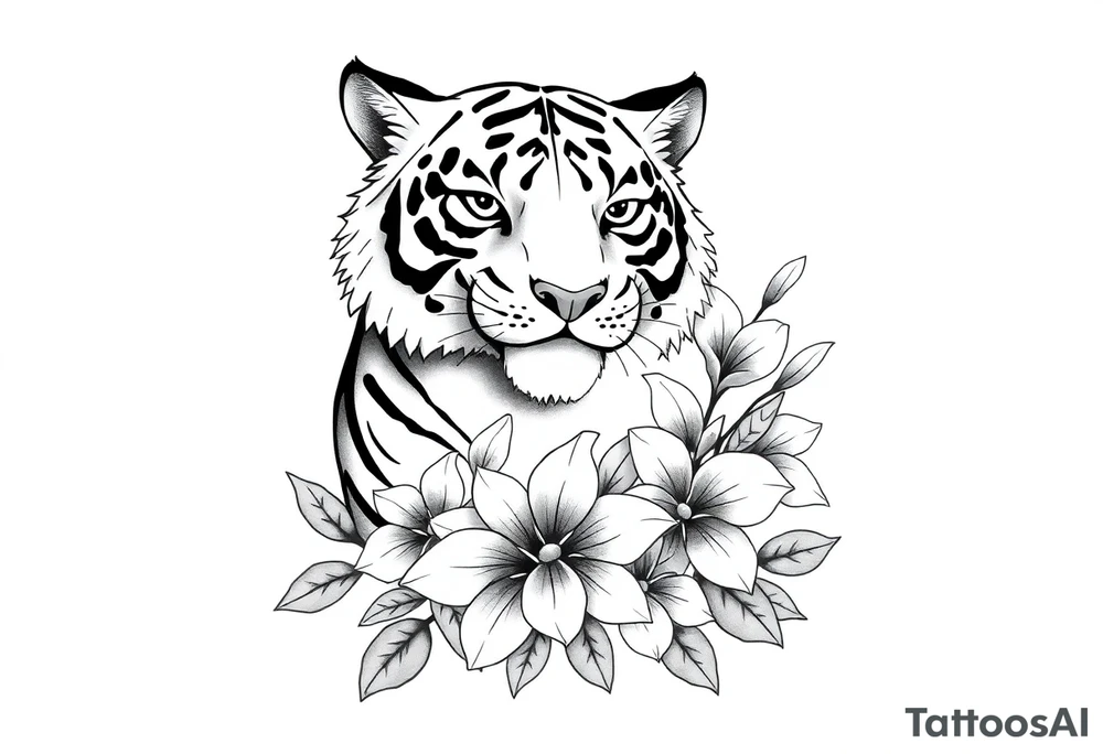 Cartoon Tiger with narcissus flowers tattoo idea
