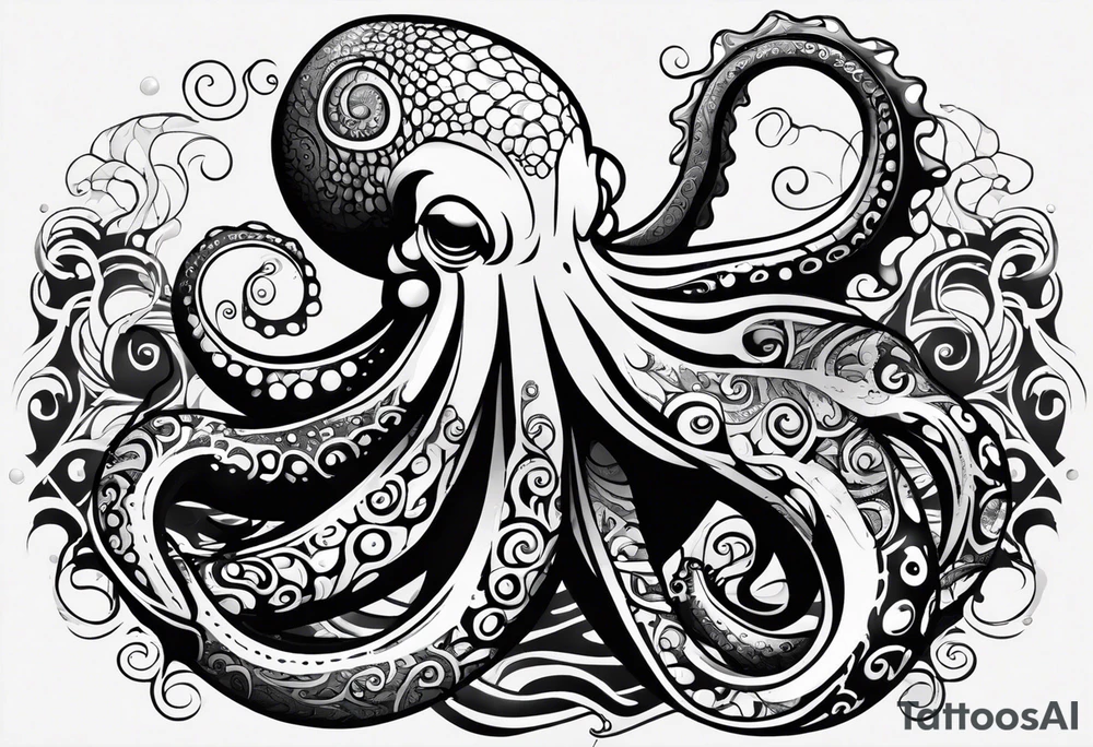 Tribal half sleeve. octopus surrounded by ribbons of water waves filled with fish. the octopus has no eyes. Use thick lines only with less detail. tattoo idea