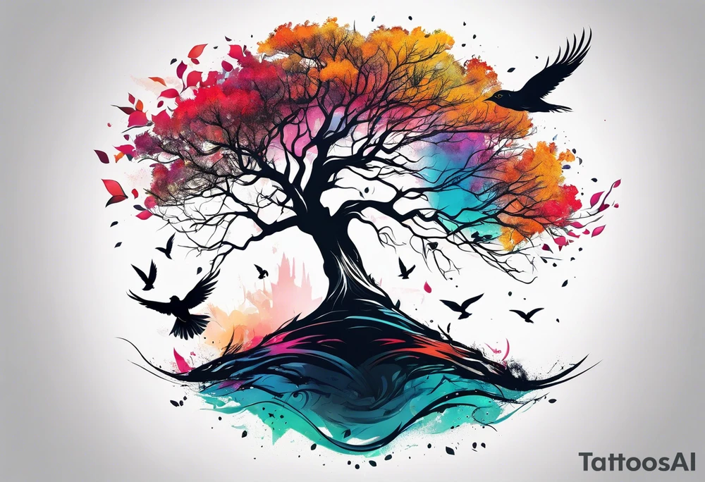 tree flying away bird tattoo idea