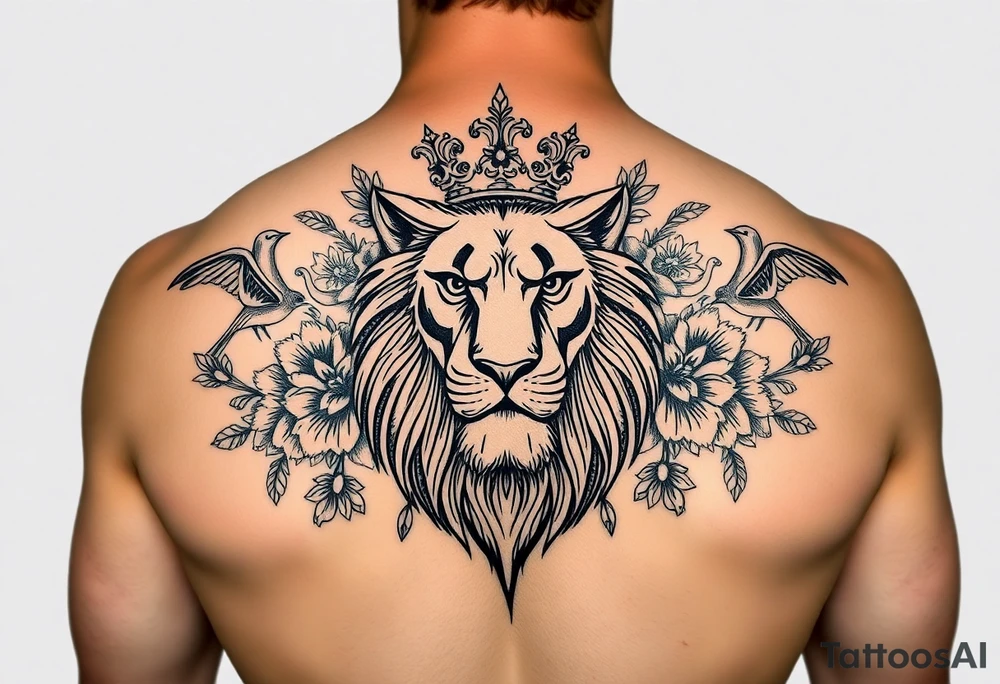 powerful majestic lion with a crown, surrounded by floral ornaments and birds tattoo idea