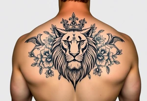 powerful majestic lion with a crown, surrounded by floral ornaments and birds tattoo idea