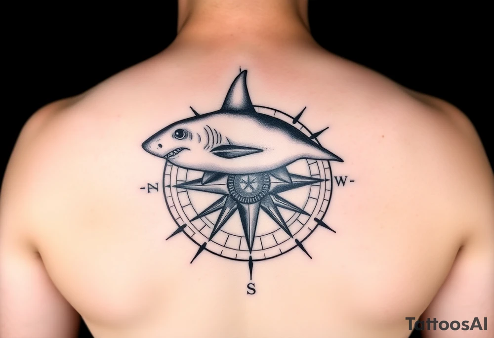 "A detailed black and grey tattoo design combining the top-down view of a shark with a compass. The shark should appear as if swimming across or emerging from the compass. The compass has intricate, sharp-edged needles and classic directional markings (N, S, E, W). The style is realistic with fine linework and light dot shading, suitable for forearm or upper arm placement. Bold yet elegant composition with oceanic and navigational symbolism." tattoo idea