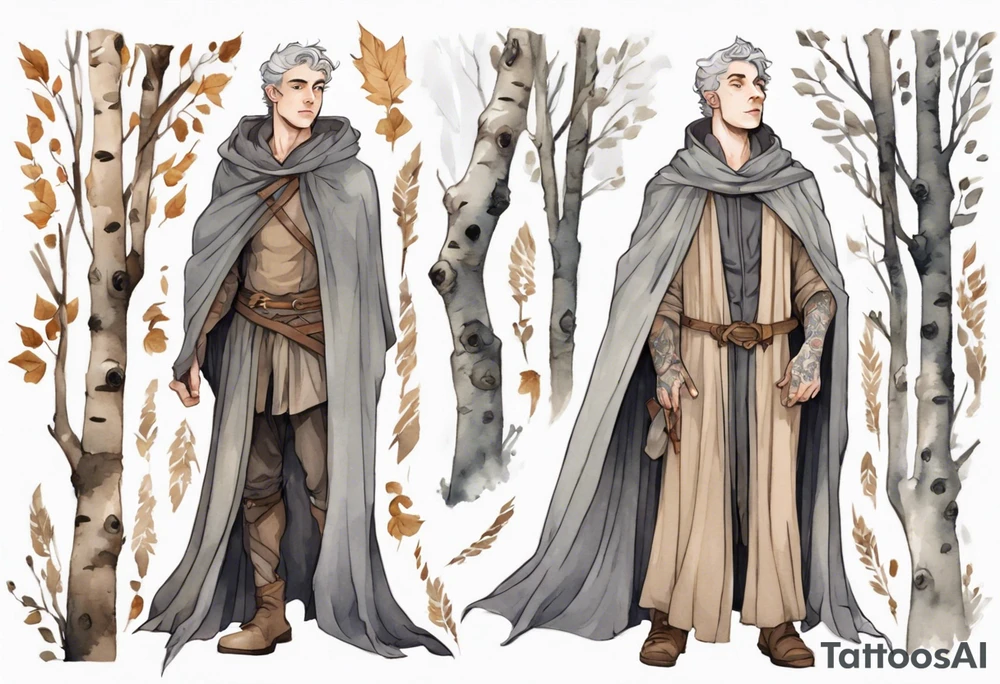 medieval Tan France wearing a grey cloak standing in a birch forest tattoo idea