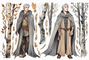 medieval Tan France wearing a grey cloak standing in a birch forest tattoo idea