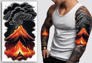 Draw a sketch of a volcanic eruption tattoo as a bracelet on the arm, in a realistic style with lava flowing from it, without a cartoon style and few colors tattoo idea