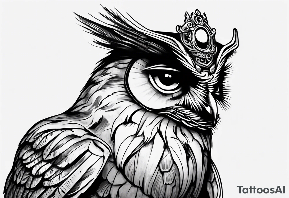 Wise Crowned Owl looking away. tattoo idea
