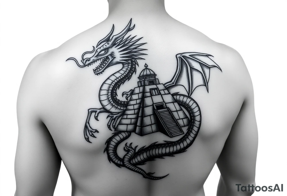 Aztec dragon with pyramid and treasure tattoo idea