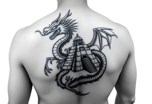 Aztec dragon with pyramid and treasure tattoo idea