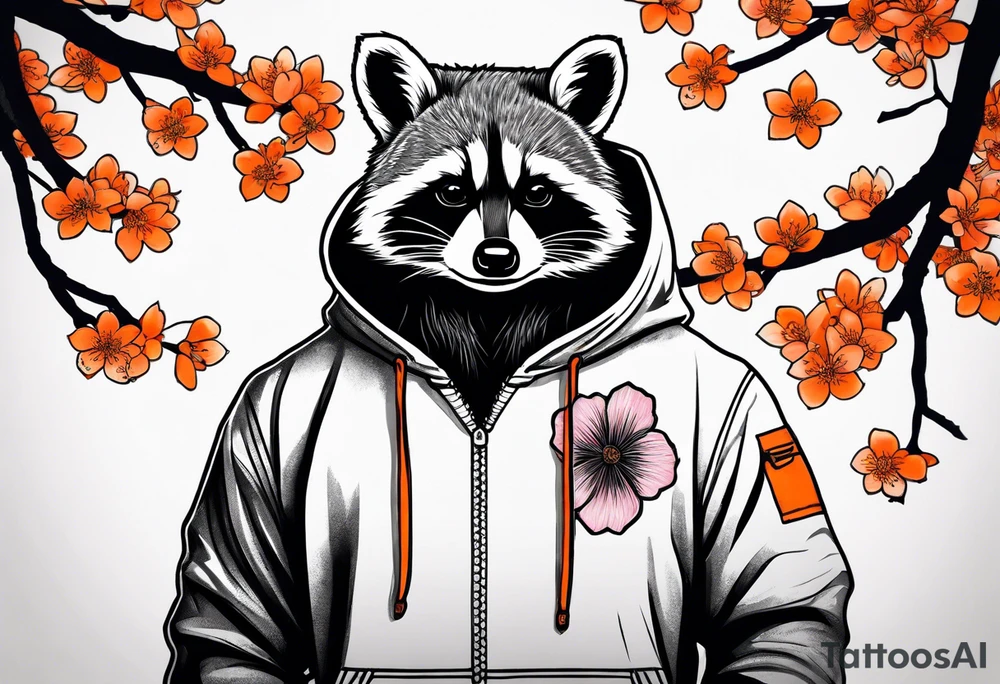 raccoon wearing a black and white Superman hoodie and orange Japanese cherry blossoms tattoo idea