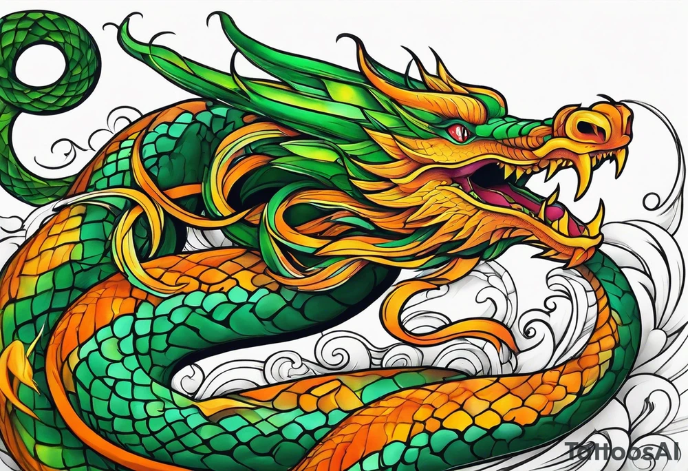 Snake dragon green orange tattoo idea