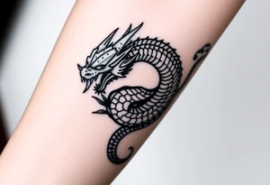 Large mythical serpent near plants tattoo idea