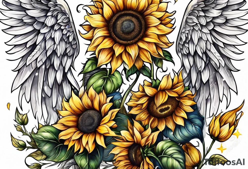 Sunflowers and angel wings leg sleeve tattoo idea