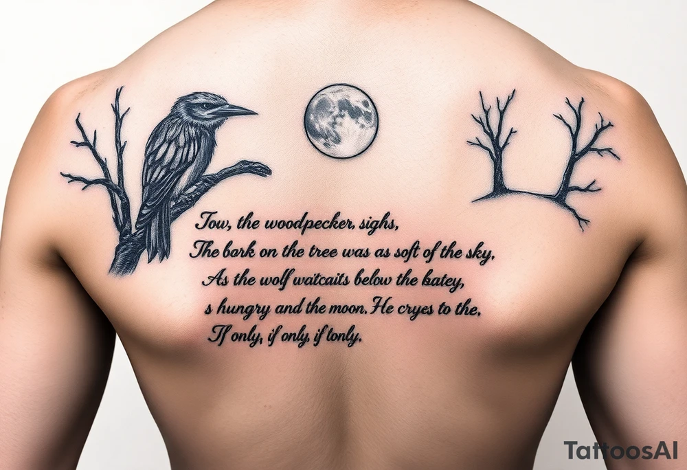 “"If only, if only," the woodpecker sighs,

The bark on the tree was as soft as the sky.

As the wolf waits below, so hungry and lonely,

He cries to the moon, "If only, if only."” 
written as a tattoo on rib cage tattoo idea