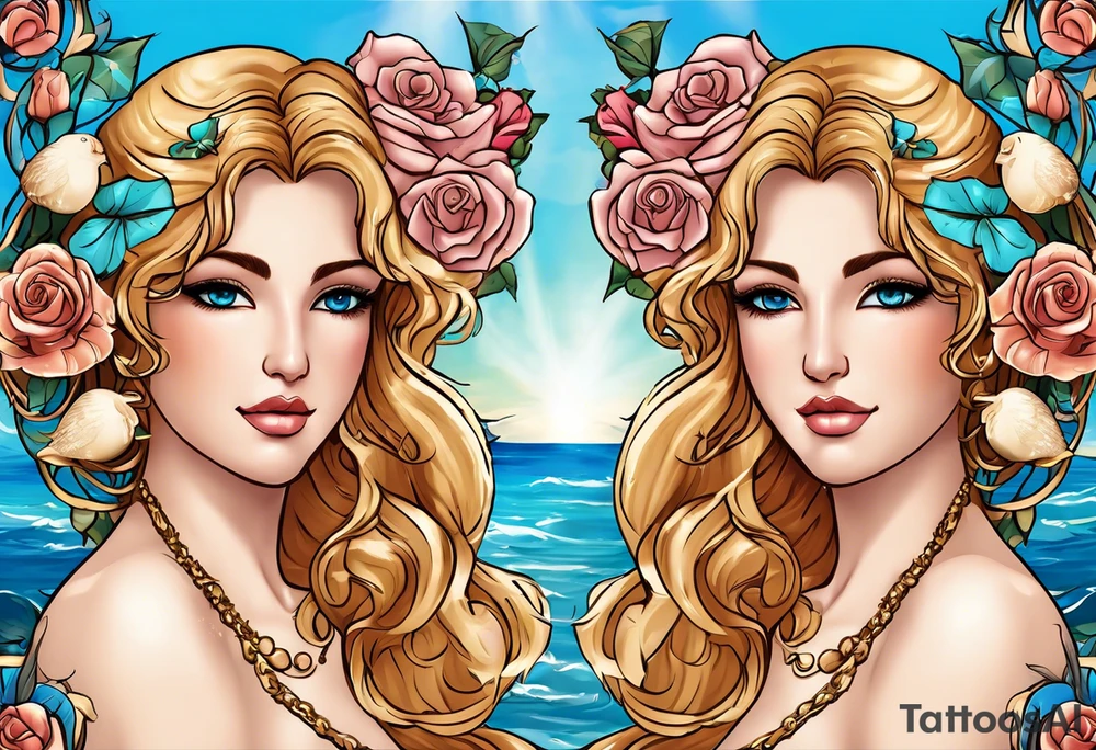 Portrait of Aphrodite: A face or full-length image of the goddess, often in a realistic style, perhaps decorated with flowers, seashells, or doves.rose, doves, shells and a mirror in his hand. background sea, blue roses frames,, romantic,background  boy with wings and a bow, cupido tattoo idea