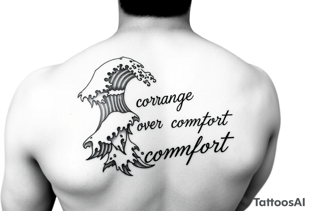 Fine line waves with words courage over comfort for the wrist not on the back tattoo idea