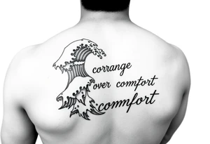 Fine line waves with words courage over comfort for the wrist not on the back tattoo idea