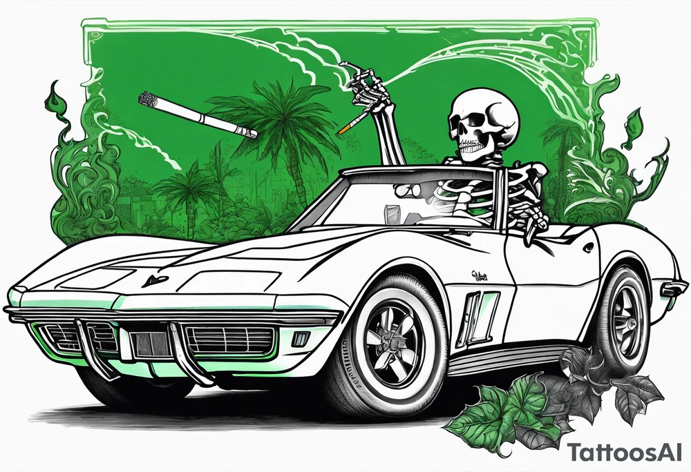 Skeleton smoking a cigarette driving a green 1976 convertible Corvette tattoo idea