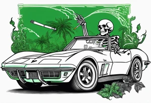 Skeleton smoking a cigarette driving a green 1976 convertible Corvette tattoo idea