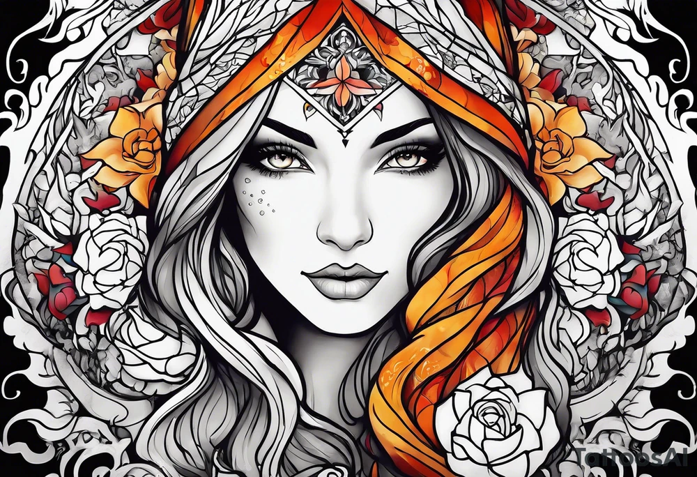 Resurrection strength and courage Beautiful Woman walking through fire and chaos to inner peace and self-love  ethereal tattoo idea