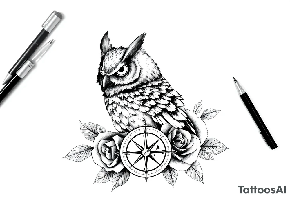an owl,compass,roses, tattoo idea