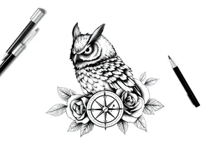 an owl,compass,roses, tattoo idea