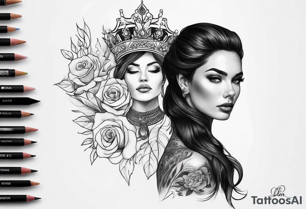 A white woman with dark hair and features. She will be posing sideways portrait style but looking head on. She needs to embody a modern queen. . And the outside of the tattoo can fade away with smoke. It’s for my outer shoulder so it’s about 20x7cm tattoo idea