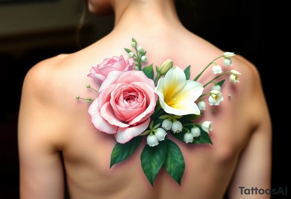 Small 3d Bouquet of Carnation, Astor, Rose, Lily of the valley, Larkspur with realistic, low tone pastel colors with no black tattoo idea