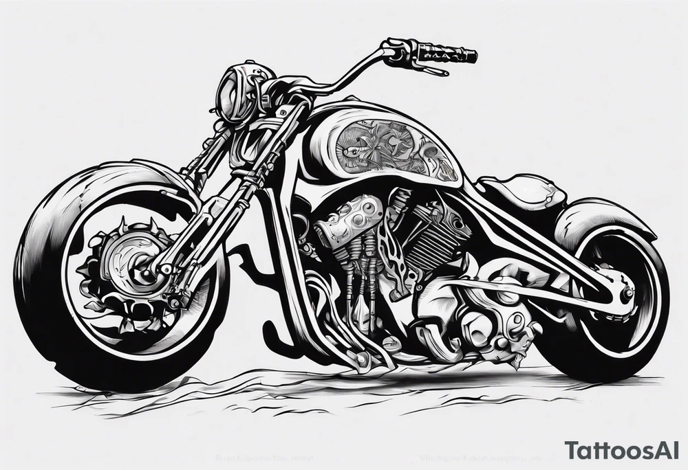 I want a tattoo of a motorcycle and a skeleton in the back with the name “Viking Customs” incorporated in the design tattoo idea