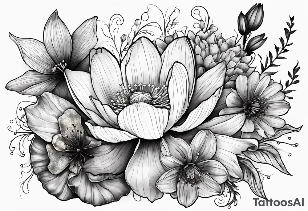 Poppy, water lily, Lily of the valley, flower bouquet, portrait style tattoo idea
