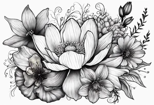 Poppy, water lily, Lily of the valley, flower bouquet, portrait style tattoo idea