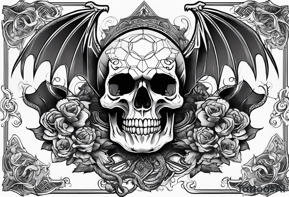 Powerful Majestic skull on top of dragon with clouds on boarder tattoo idea